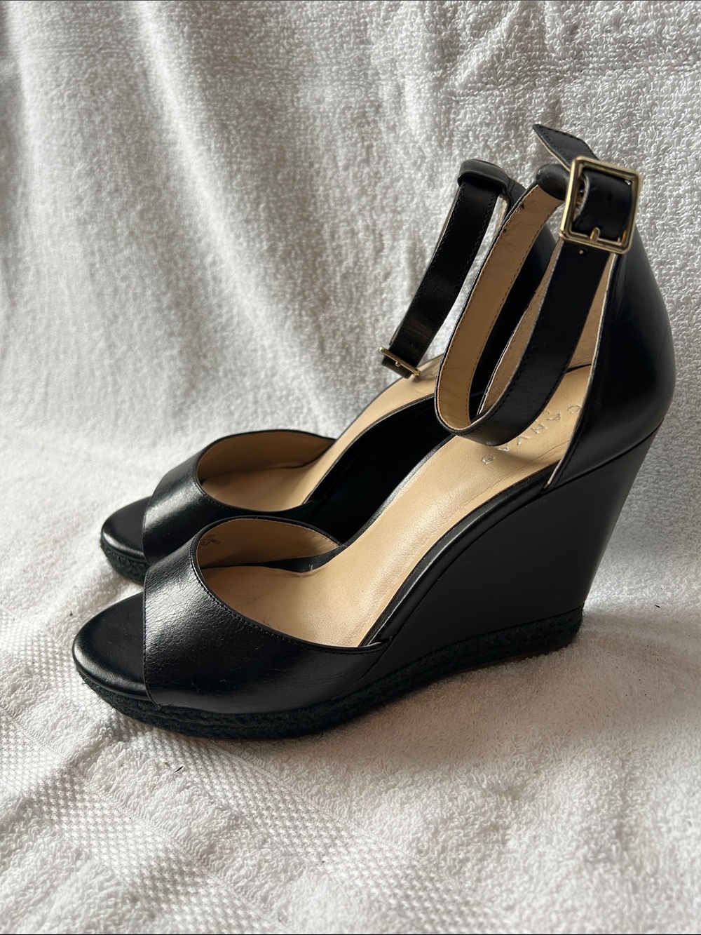 Lands' End Black Leather Wedge Sandals with Ankle Strap